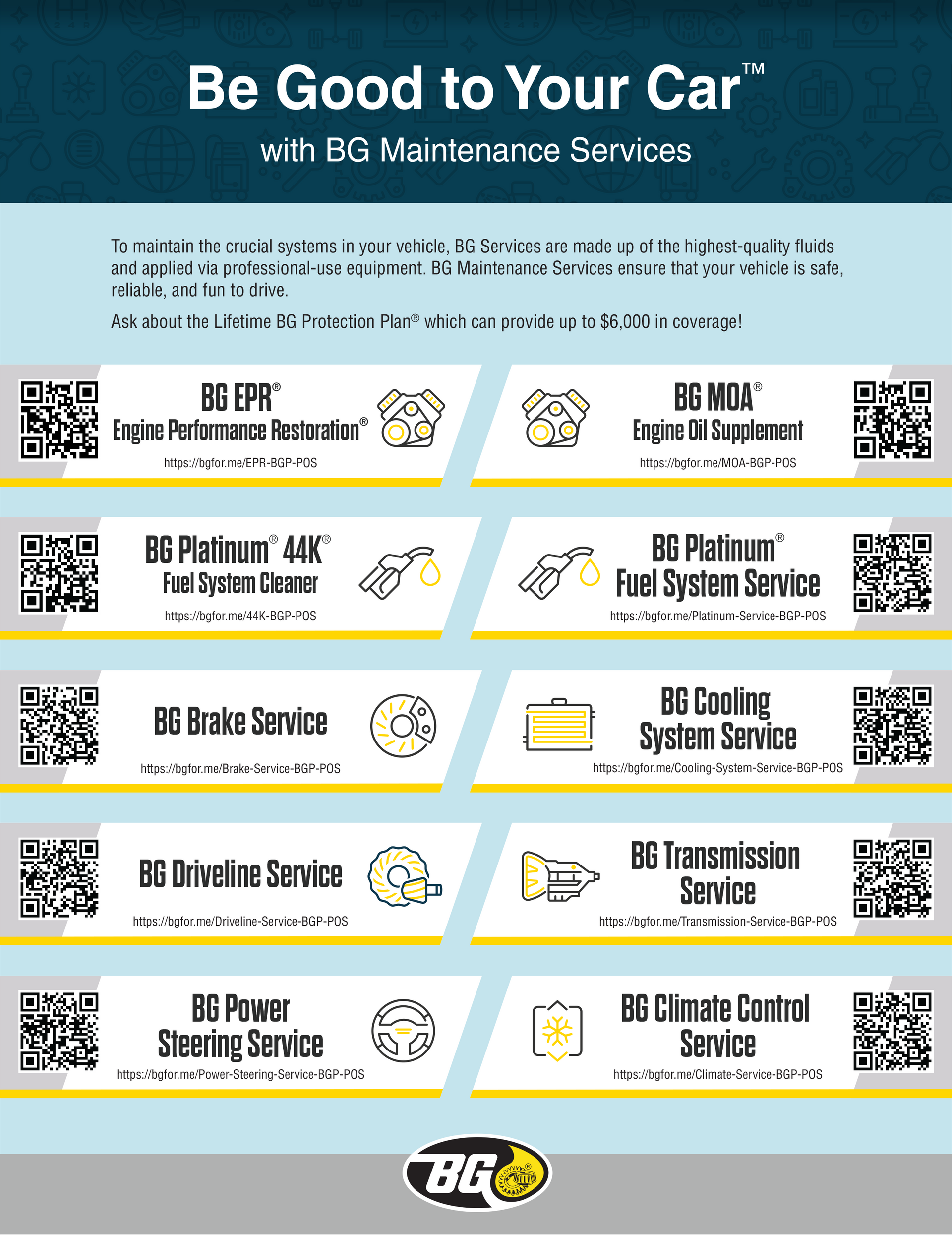 Advertisement for BG Maintenance Services. Services include BG EPR, BG MOA, Platinum 44K, Fuel System Service, and more.
