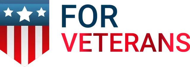 “For Veterans” text with a red, white, and blue shield featuring stars and stripes