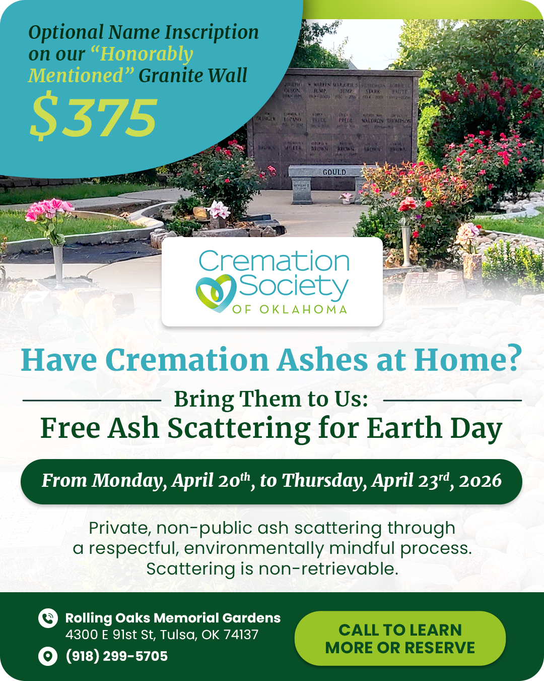 Summer memorial flyer for cremation ashes scatterings, with flowers, stone wall, and $375 price callout.