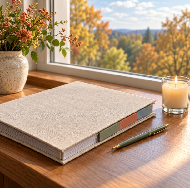 Tabbed notebook, pen, and candle for cremation planning in Tulsa, OK.