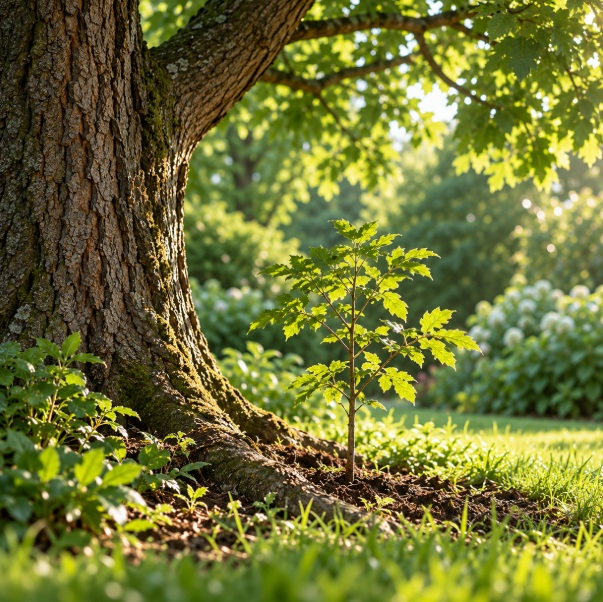 Sapling beside a mature tree representing family legacy in Sand Springs, OK.