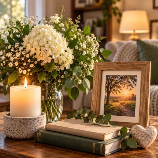 Candle, flowers, and framed photo creating a remembrance space in Tulsa, OK.