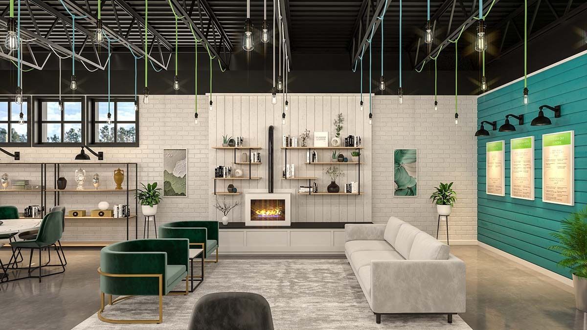Modern living room showroom with green chairs, white sofa, fireplace, shelves, and teal accent wall.