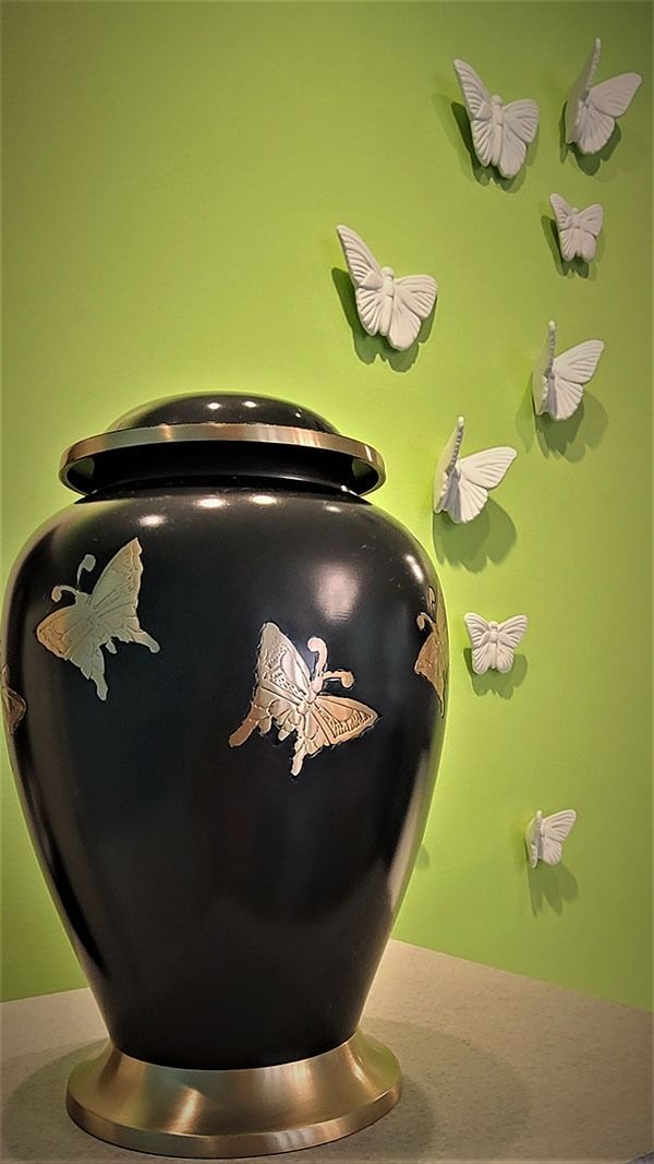 Black cremation urn with butterfly design displayed against a green wall symbolizing transformation and remembrance