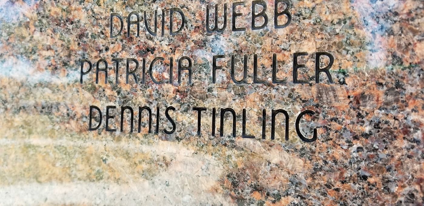 Plaque with engraved names David Webb, Patricia Fuller, and Dennis Tinling on speckled stone background