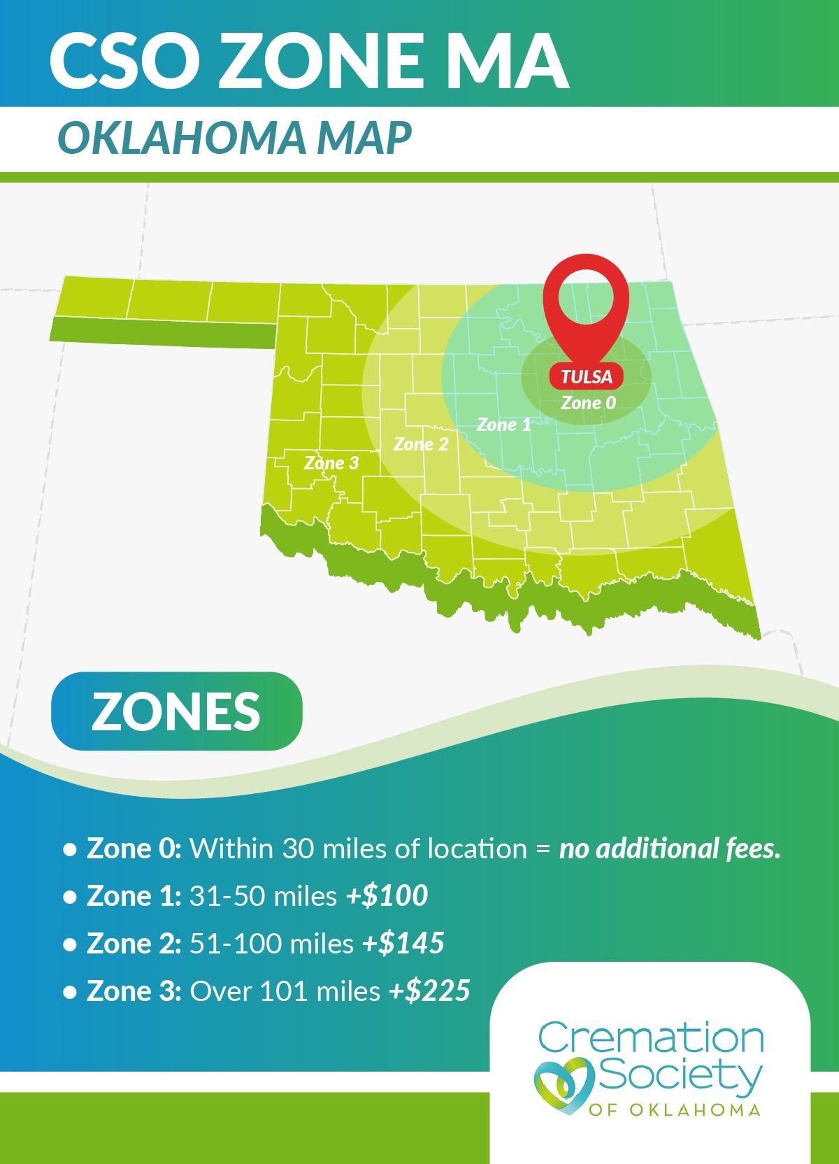 Cremation Society of Oklahoma map showing zones and fees for the OKC area