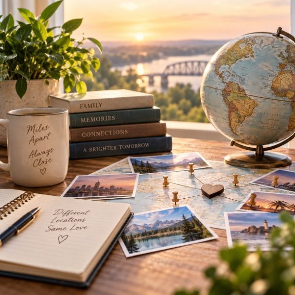 Globe and travel photos representing distant families in Sand Springs, OK.