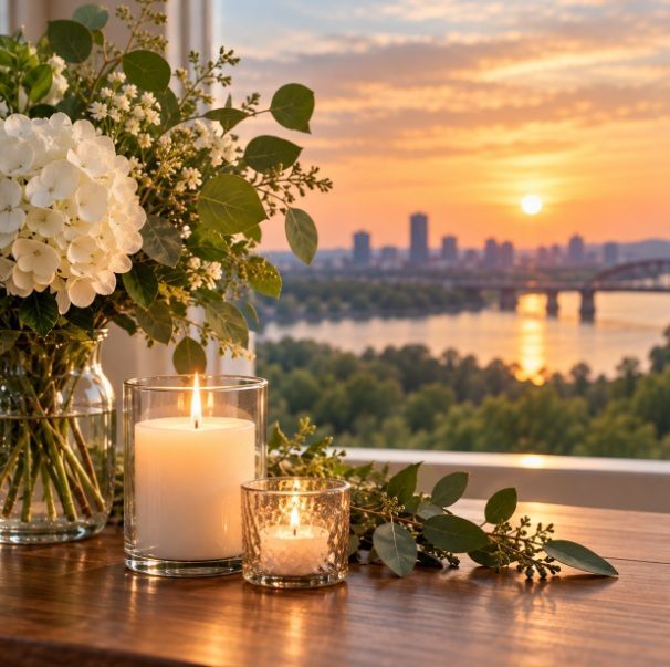 Memorial candles and white flowers overlooking Tulsa, OK, at sunset.