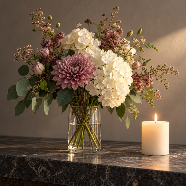 Flowers and a lit candle for remembrance in Broken Arrow, OK.