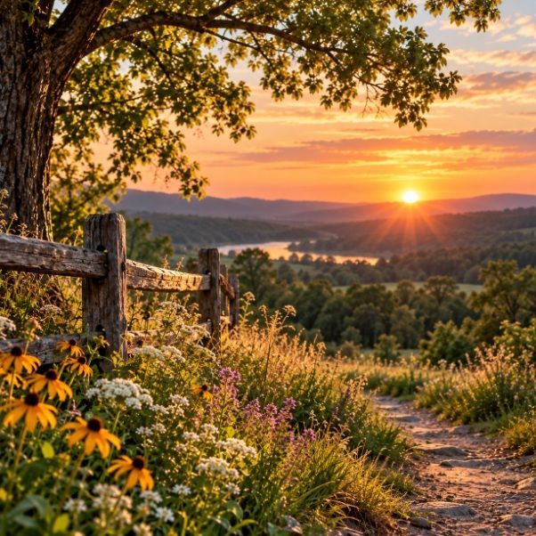 Sunset over a peaceful countryside landscape in Broken Arrow, OK.