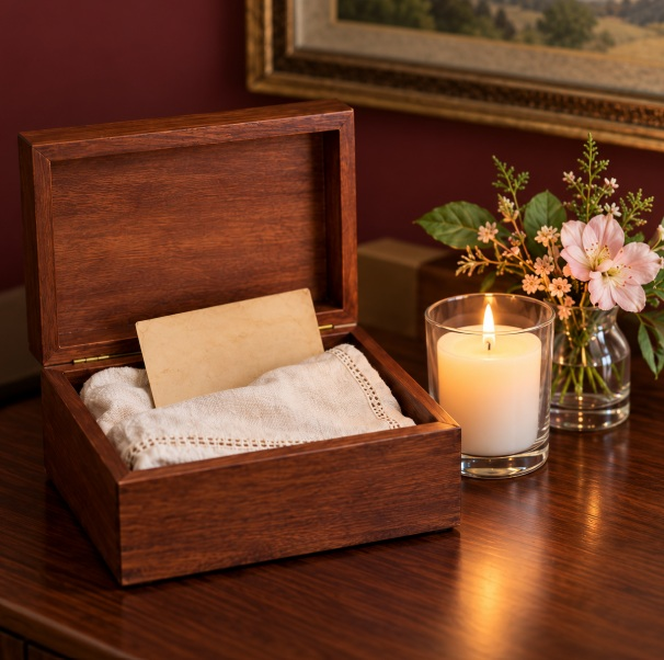 Keepsake box, candle, and flowers for remembrance in Broken Arrow, OK.