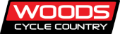 a red and black logo for woods cycle country