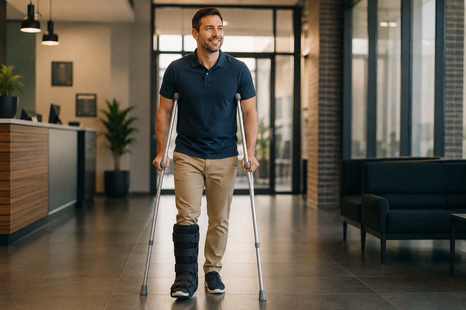 Man with a leg brace walks on crutches through a modern office lobby