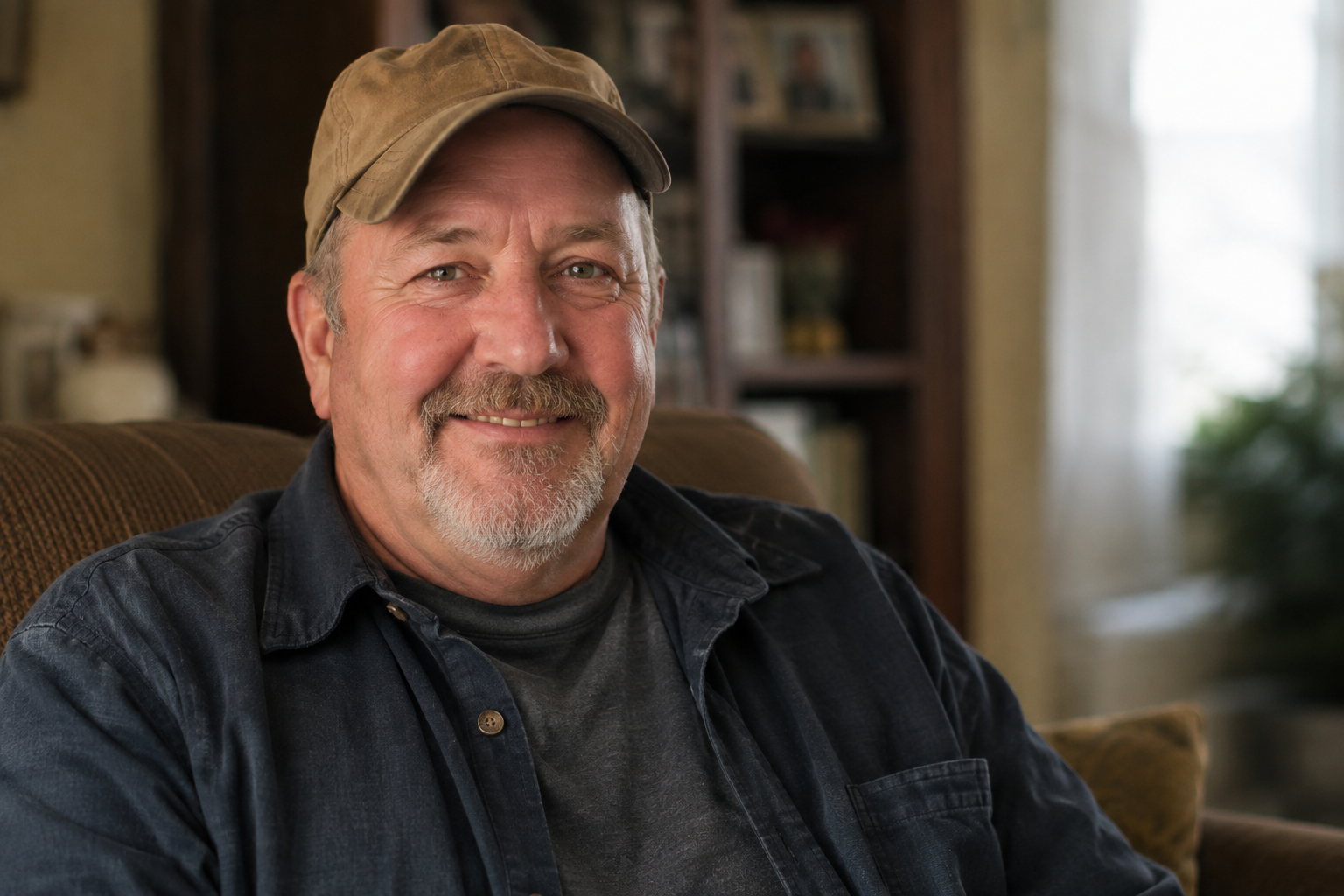 Smiling man in a tan cap and dark shirt sitting indoors in a cozy living room