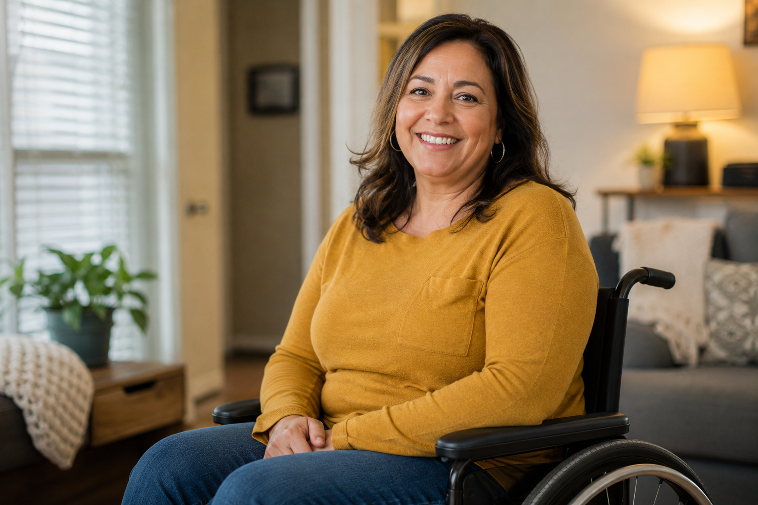 Smiling woman in a wheelchair sitting in a cozy living room with a lamp and window in the background