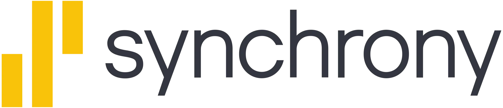 Synchrony logo with yellow bars and dark gray wordmark on a white background