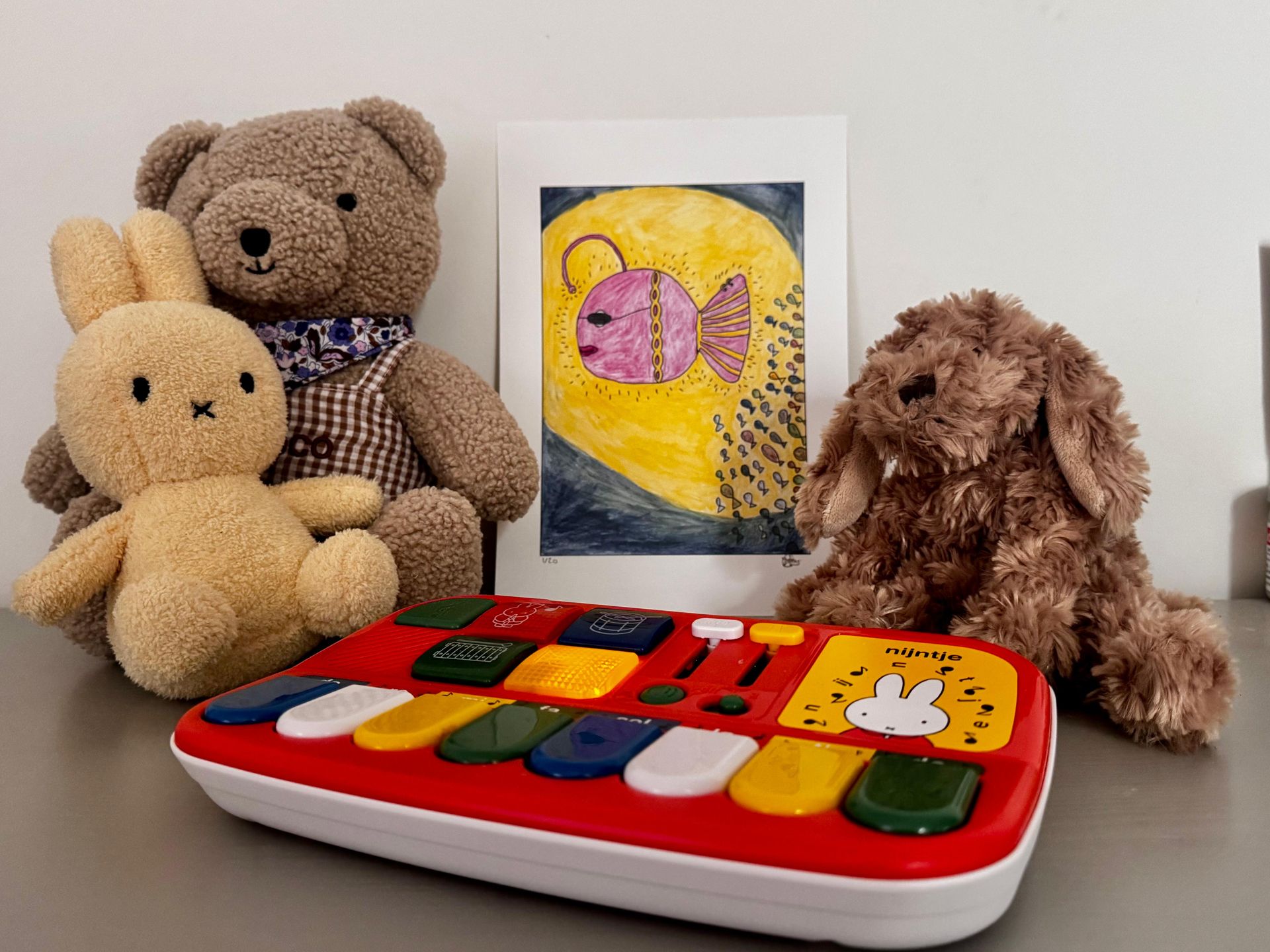 Roze viskunstwerk met gele achtergrond, ingelijst aan de muur.