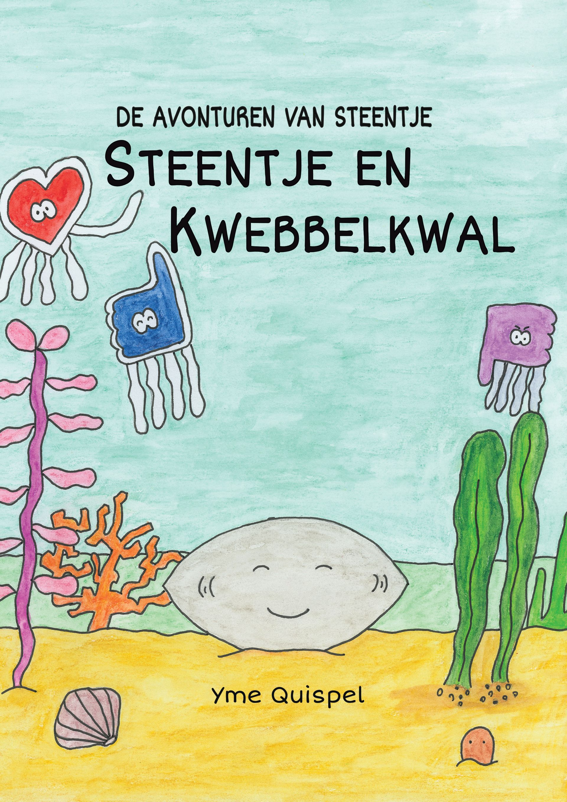 Illustratie van een lachende rots, twee kwallen, zeewier en koraal met de tekst: Steentje en Kwebbelkwal.