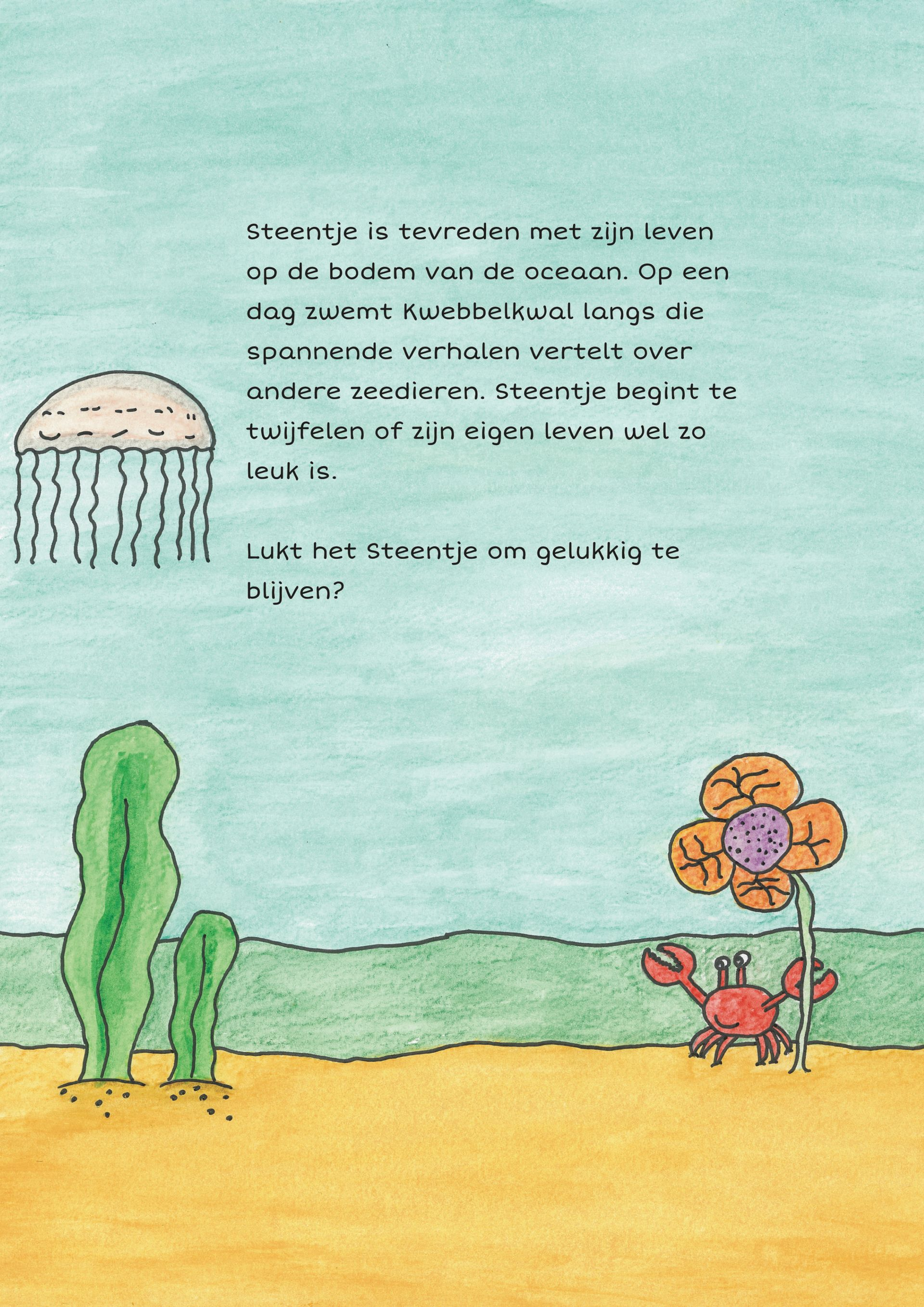 Illustratie van een lachende rots, twee kwallen, zeewier en koraal met de tekst: Steentje en Kwebbelkwal.