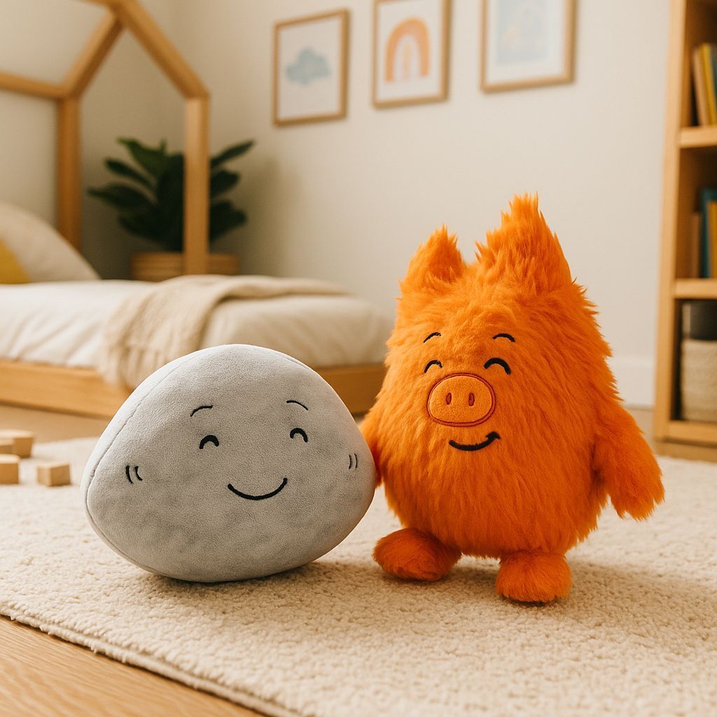 Op een vloerkleed in een kinderkamer liggen knuffelstenen en oranje dieren met lachende gezichtjes.