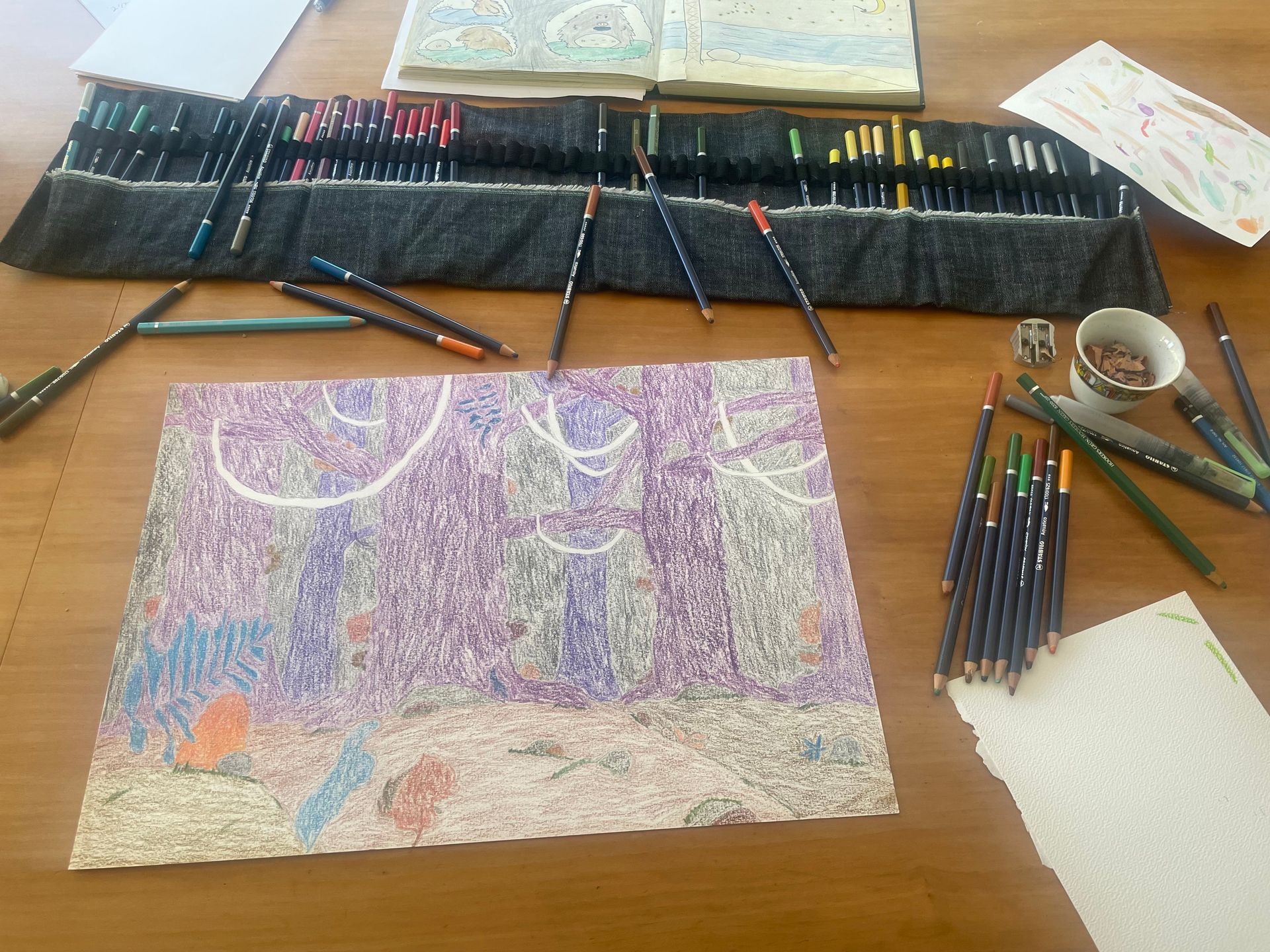 Een kunstwerk in wording, gemaakt met kleurpotloden, een schetsboek en een etui, op een houten tafel.