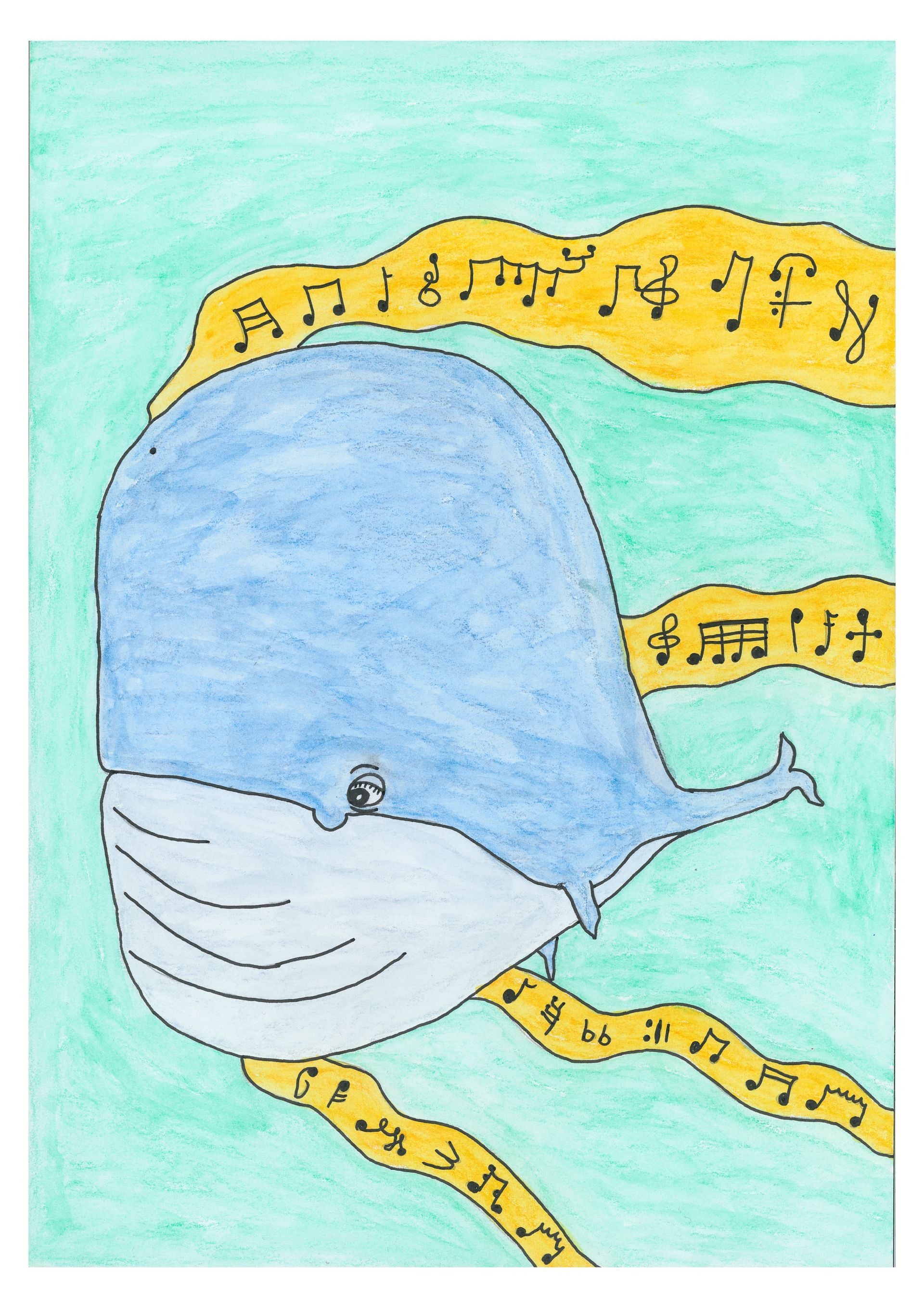 Tekening van een blauwe walvis met gele accenten, ingelijst in een houten frame aan een lichtgekleurde muur.