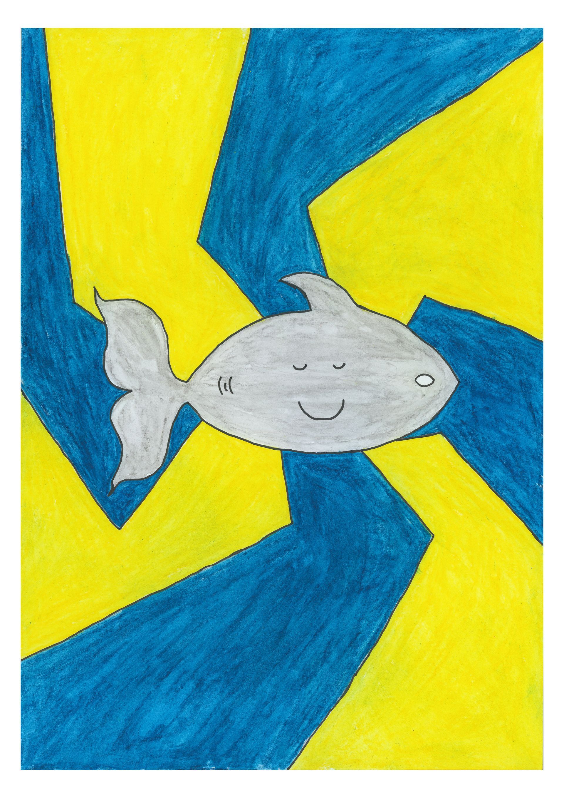 Ingelijst kunstwerk: een blauw-gele geometrische achtergrond met een witte vis, hangend aan een beige muur.