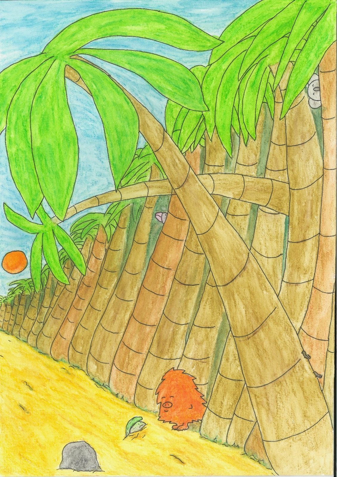 Een zandstrand met palmbomen en een klein wezentje met oranje vacht dat bij een houten constructie staat.