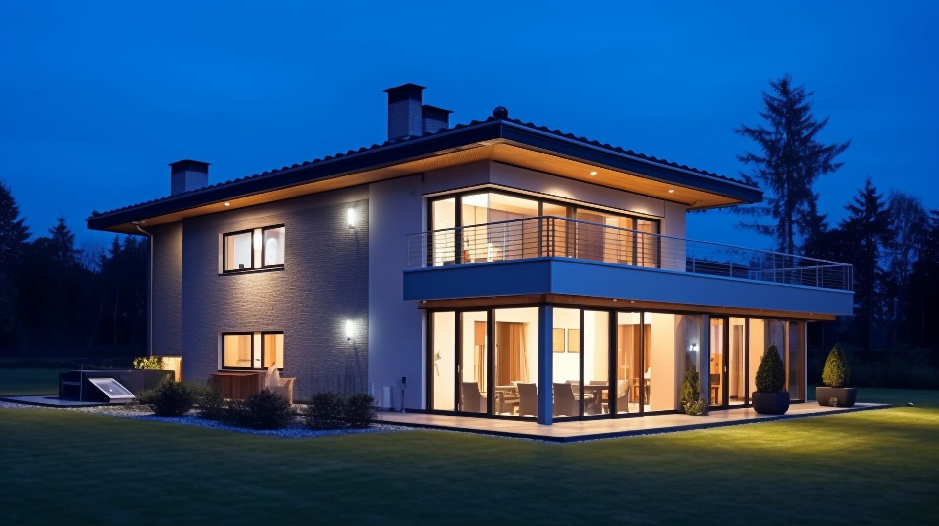 A large house with a lot of windows is lit up at night.