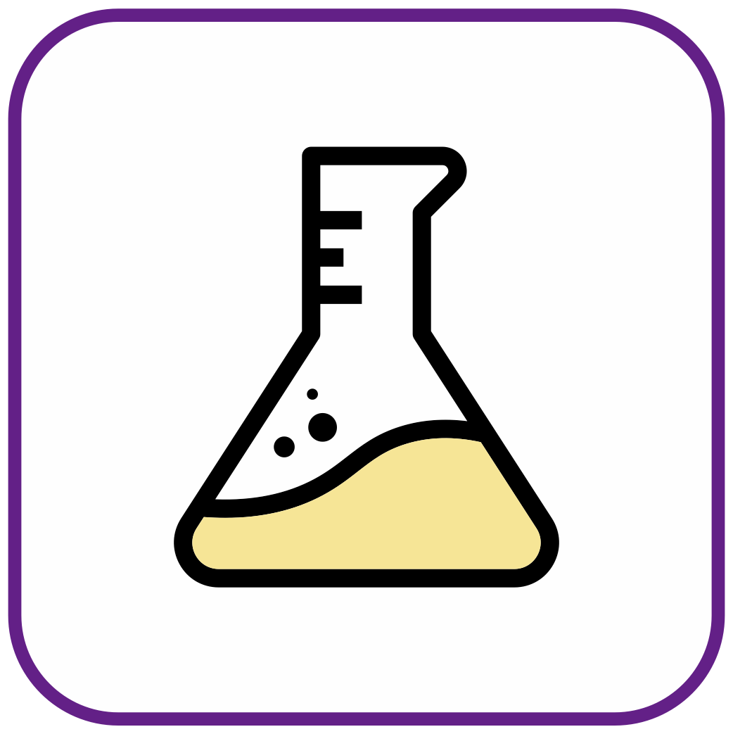 Beaker with yellow liquid, within a purple square frame.