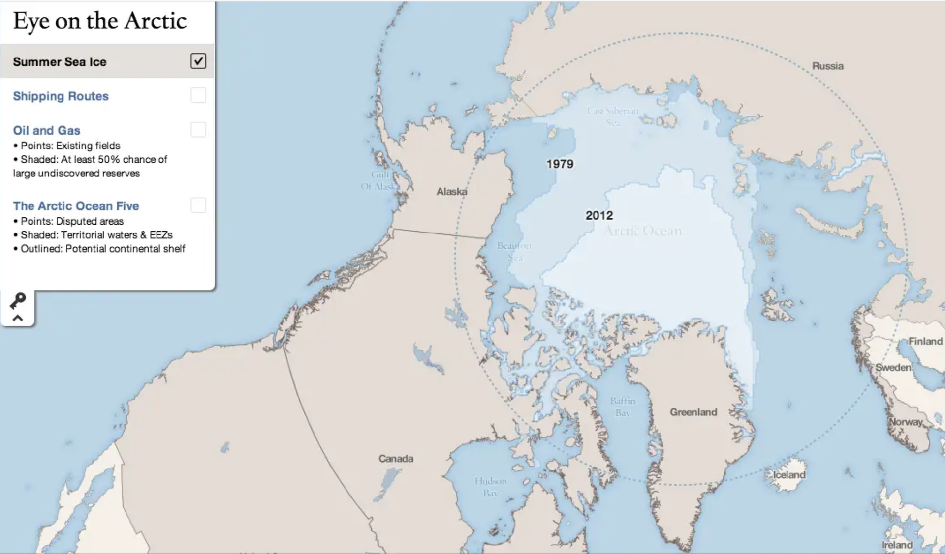 Map showing Arctic sea ice extent, with a sidebar menu, and text labels for countries like Russia and Greenland.