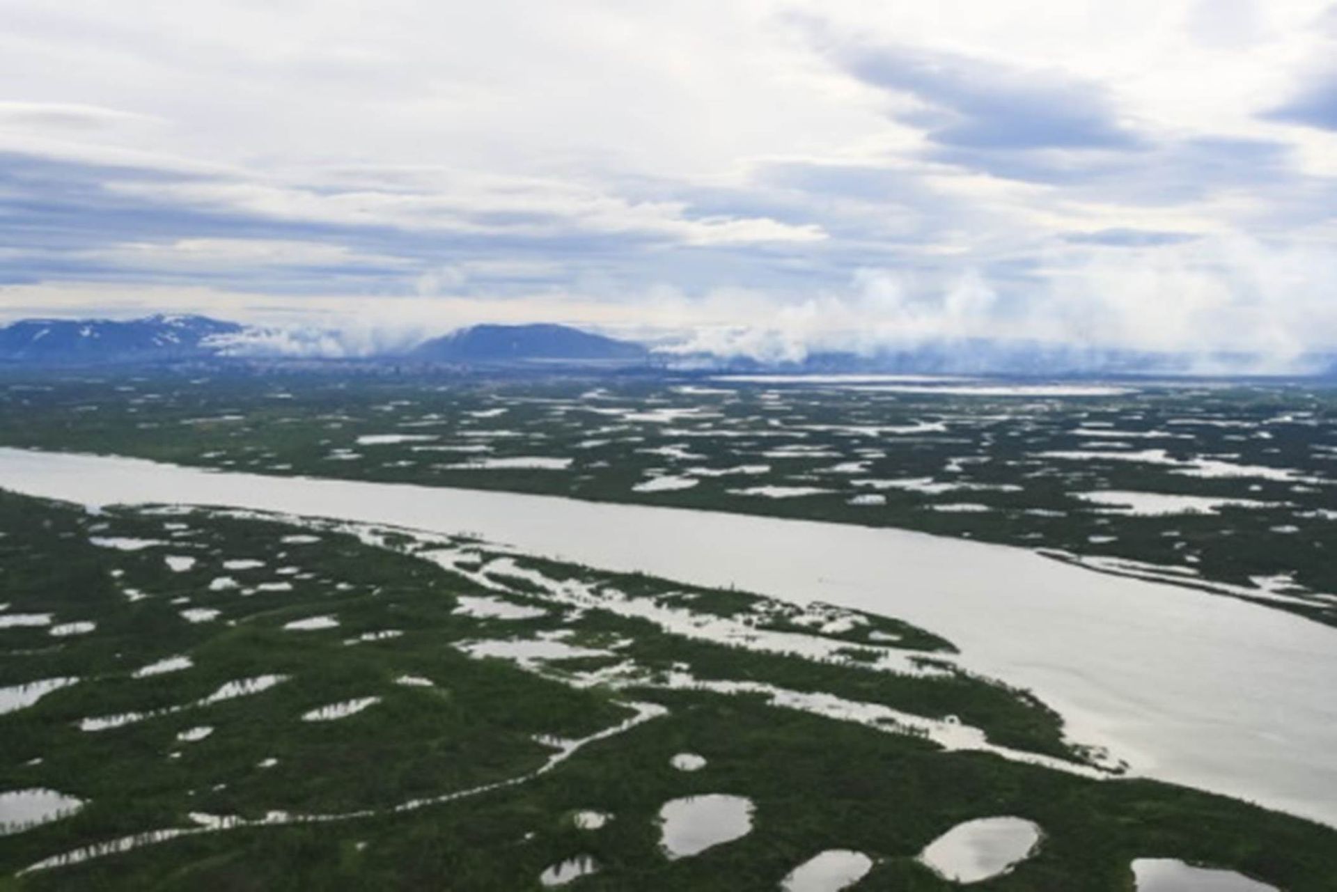 Wide aerial view of a river winding through a vast wetland with patches of vegetation and distant mountains under a cloudy sky.