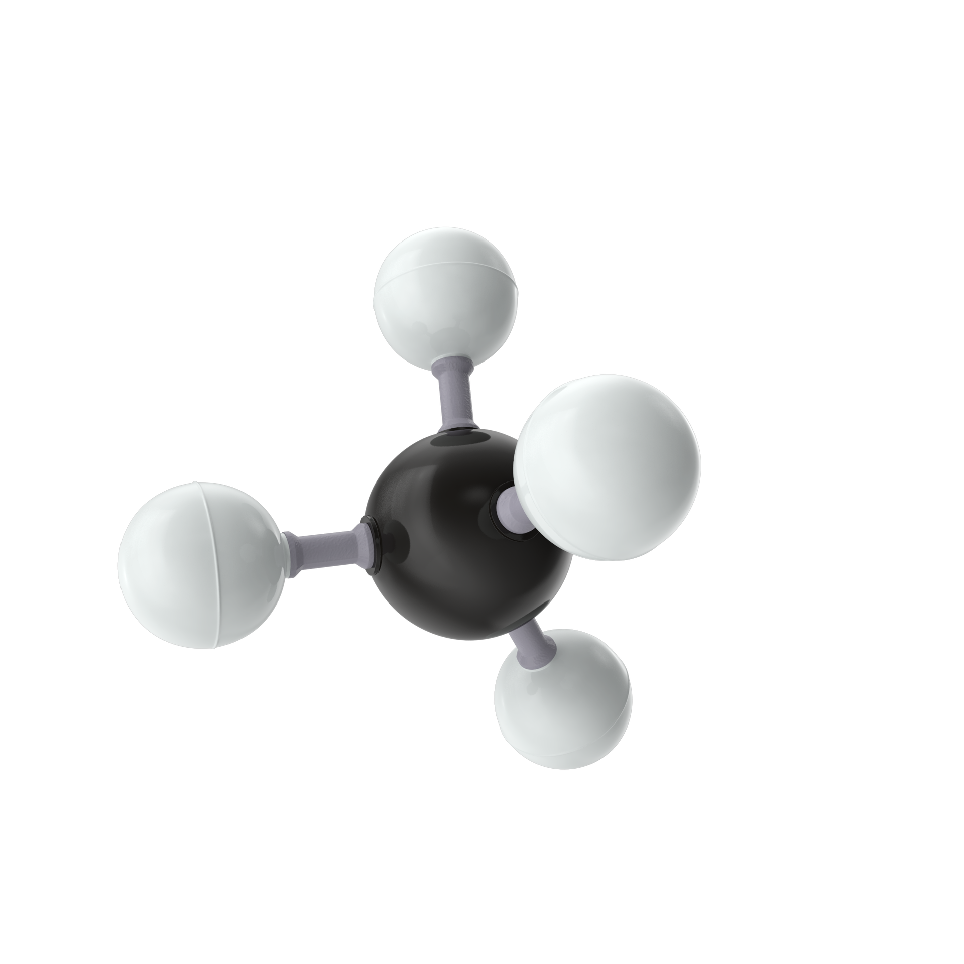 Molecular model of methane: a black carbon atom bonded to four white hydrogen atoms.