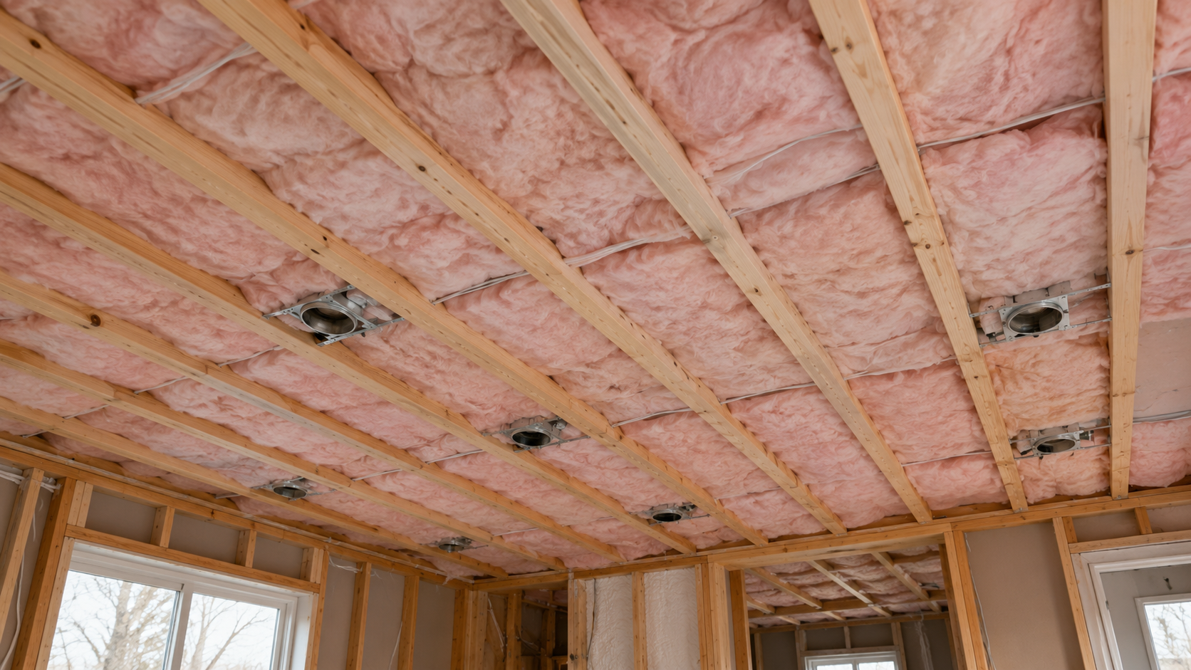 Fiberglass insulation installed between ceiling joists inside a residential home to improve comfort and energy efficiency.