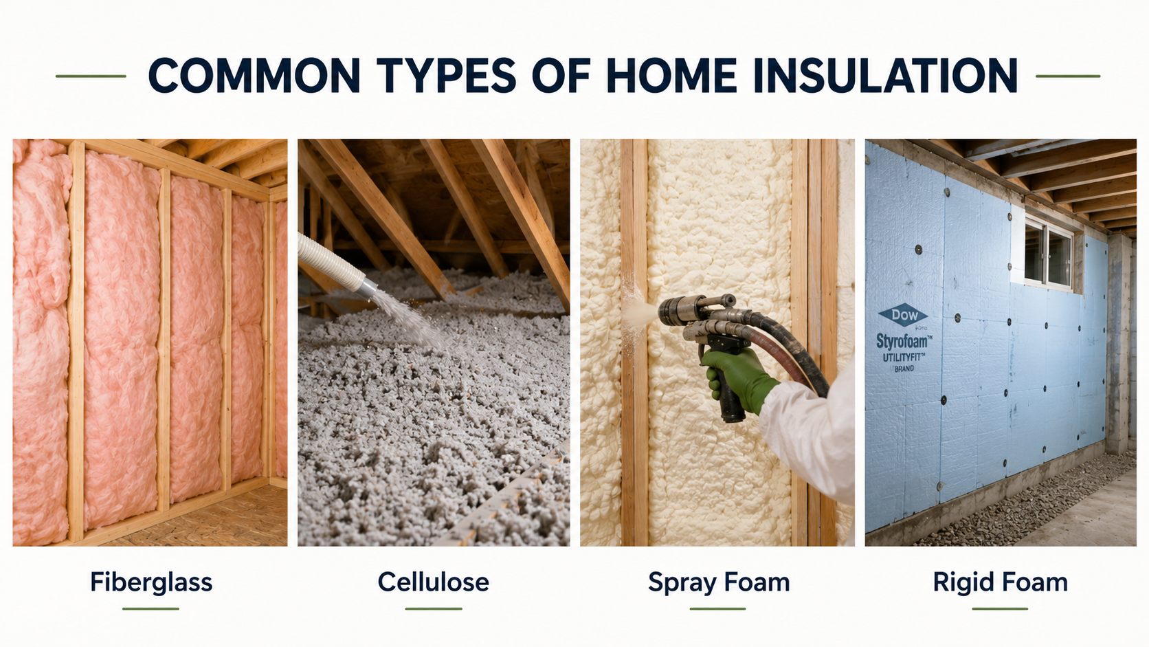 Infographic showing common types of home insulation including fiberglass, cellulose, spray foam, and rigid foam insulation.