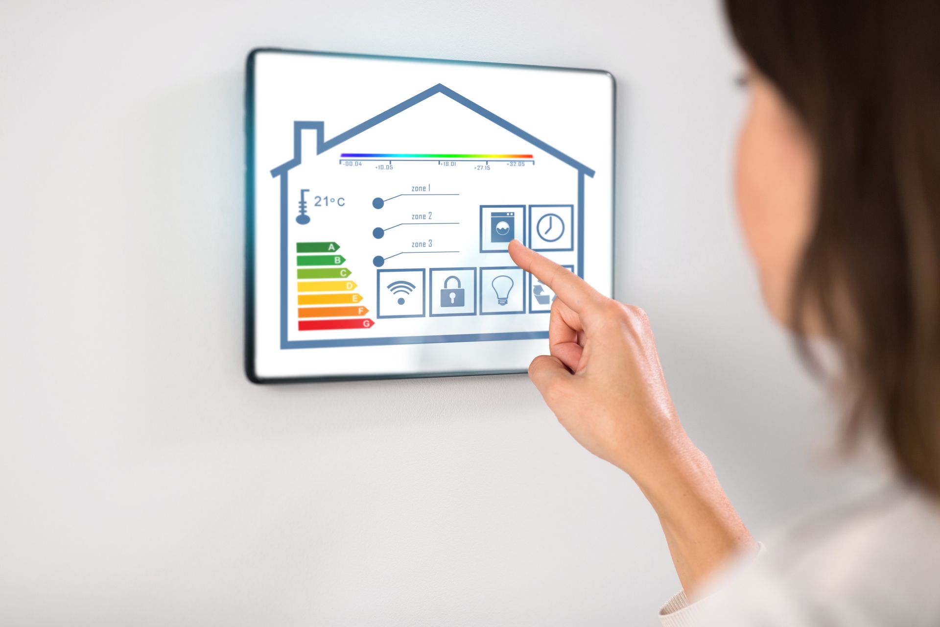 a woman is using a tablet to control her home .