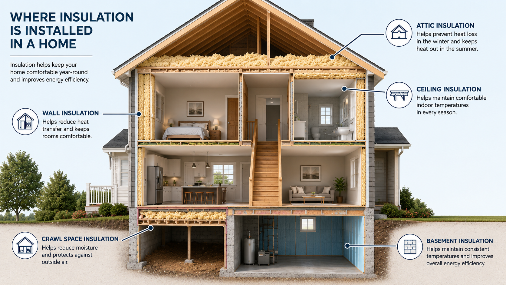 Cutaway diagram showing insulation locations throughout a home including the attic, walls, ceilings, crawl space, basement, and rim joists.
