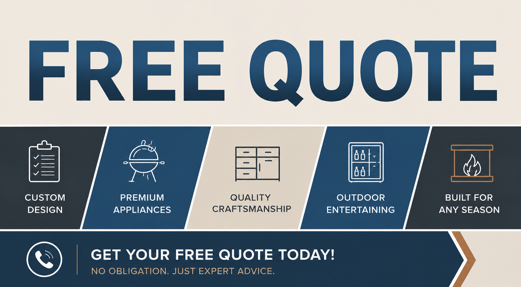 FREE QUOTE text with 5 icons: clipboard, grill, storage, refrigerator, seasonal