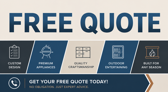 FREE QUOTE text with 5 icons: clipboard, grill, storage, refrigerator, seasonal