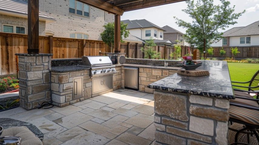 outdoor Natural stone brick look. peninsula bar  counter area in back yard, spacious cooking area with stainless grill