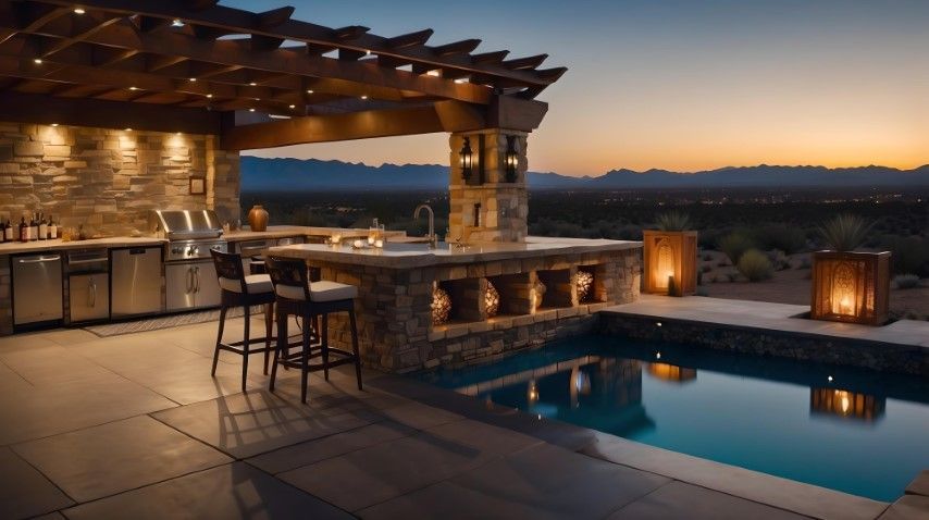 twilight cement bar overlooking pool with a view of the sunset. Grill and refrigerator area under pergola roof