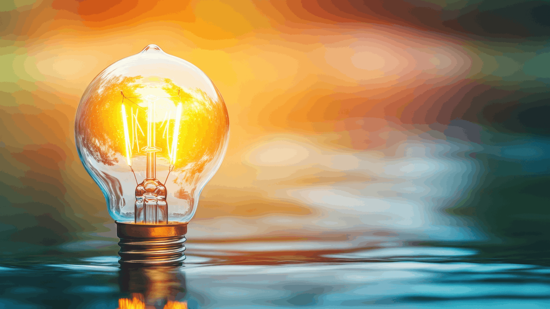 Lit lightbulb, reflecting in water, with a blurred colorful background — Elibon Solutions in Garbutt, QLD