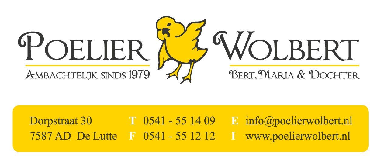 Logo voor Poelier Wolbert, met een geel kuikentje, bedrijfsgegevens, adres, telefoonnummer, e-mailadres en website.