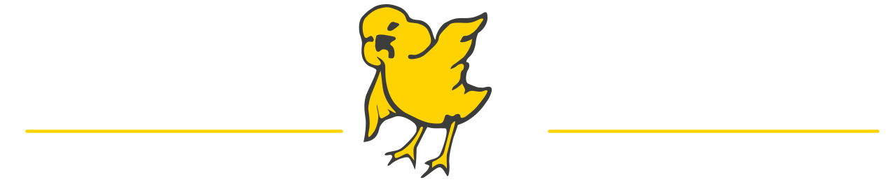 Een geel cartoonkuiken staat tussen twee horizontale gele lijnen.