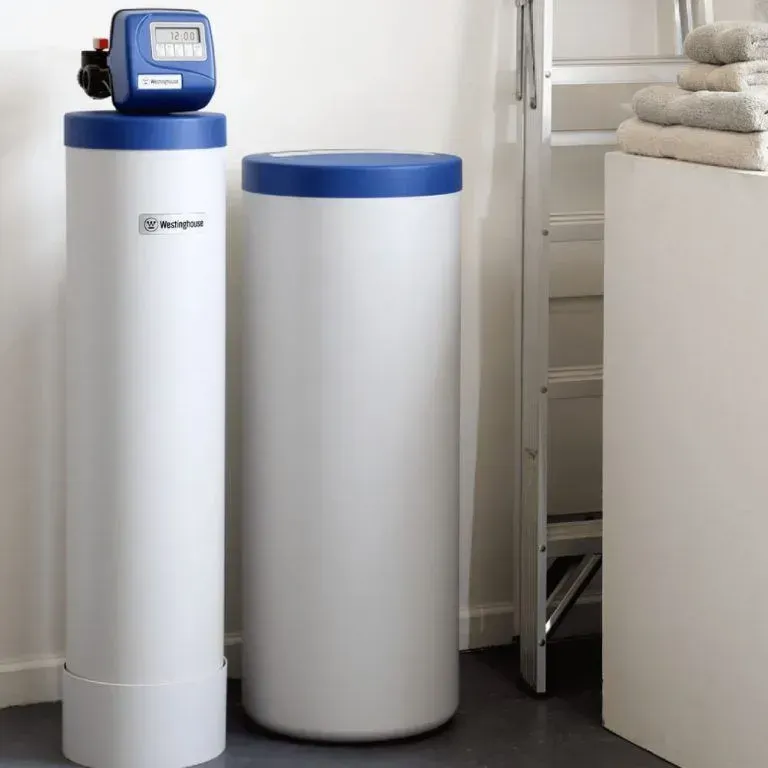 White water softener tanks with a blue control unit beside a laundry shelf with folded towels.
