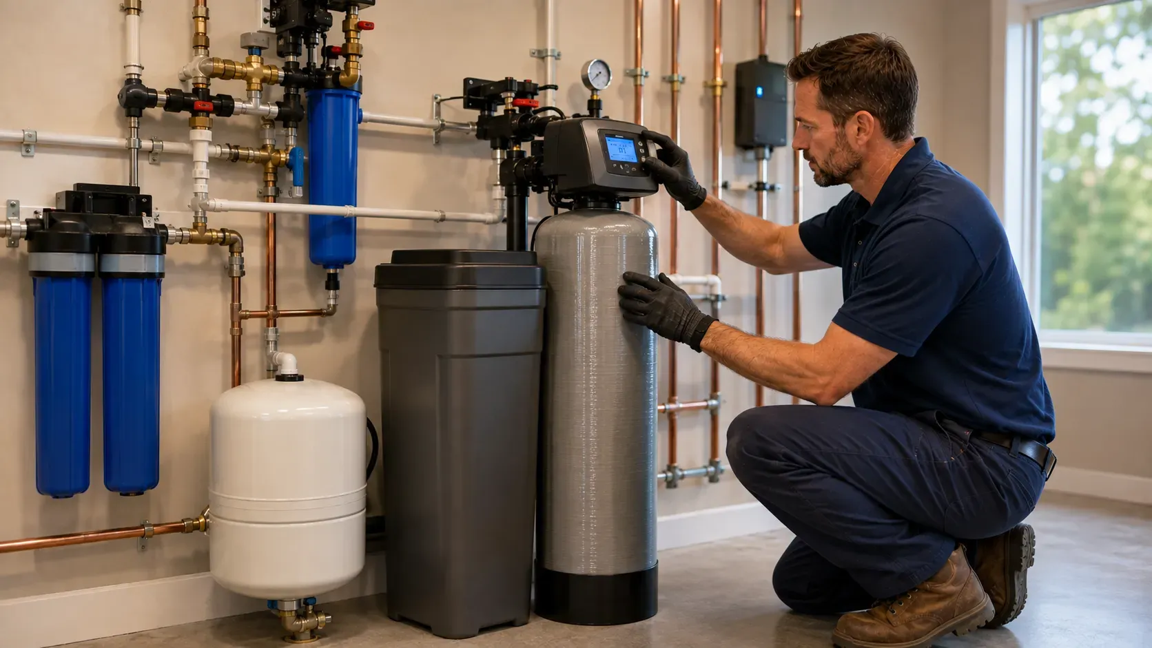 Plumber kneels beside water filtration tanks, adjusting pipes in a utility room with blue filters on the wall.