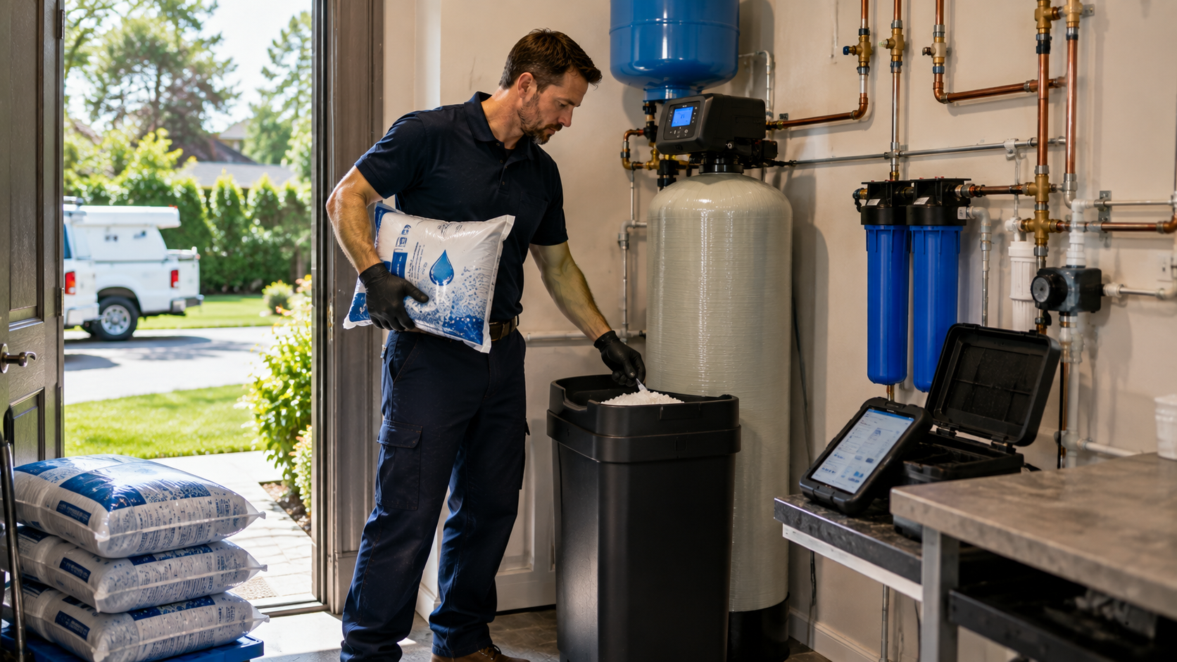 Man in a utility room pouring salt into a water softener tank beside filtration equipment