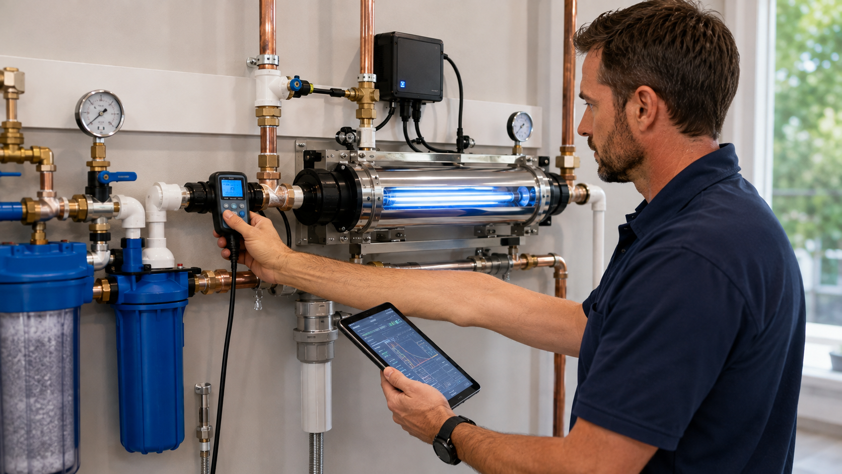 Technician inspecting a water filtration system with a tablet and handheld meter in a utility room