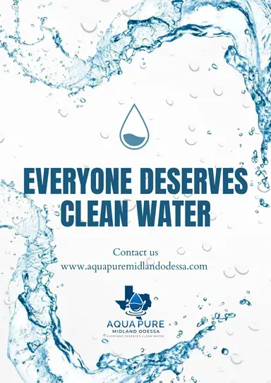 Blue water splash poster reading “Everyone Deserves Clean Water” with Aqua Pure logo and website.