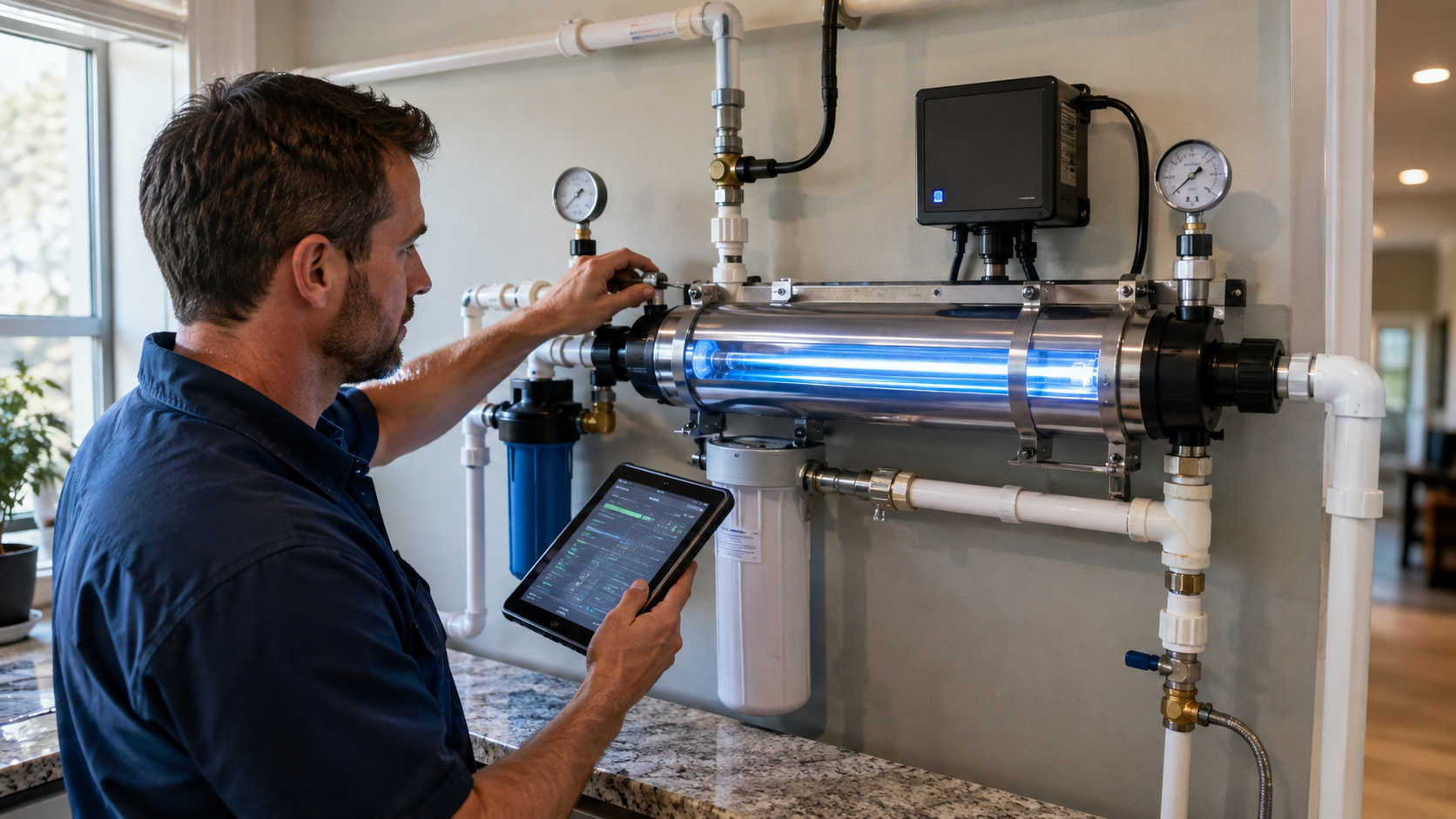 Technician using a tablet to inspect a stainless steel industrial machine with gauges and pipes